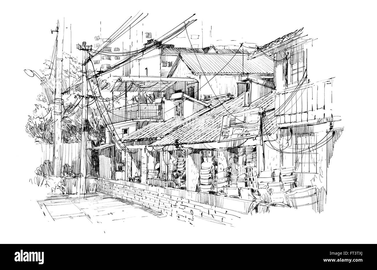 Croquis à main levée d'anciens bâtiments en Chine Banque D'Images