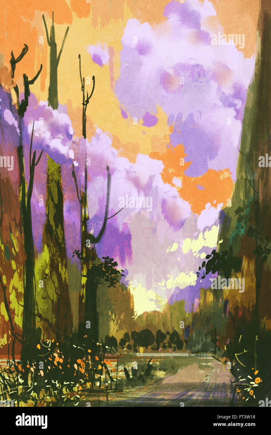 Paysage coloré avec Ciel de coucher du soleil,illustration peinture Banque D'Images