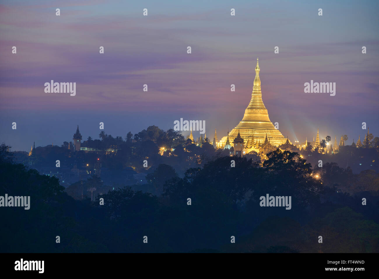 Golden Shwedagon allumé après le coucher du soleil, Yangon, Myanmar Banque D'Images