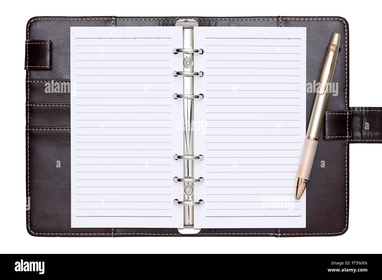 L'ordinateur portable en cuir marron ouvert et stylo à bille Banque D'Images