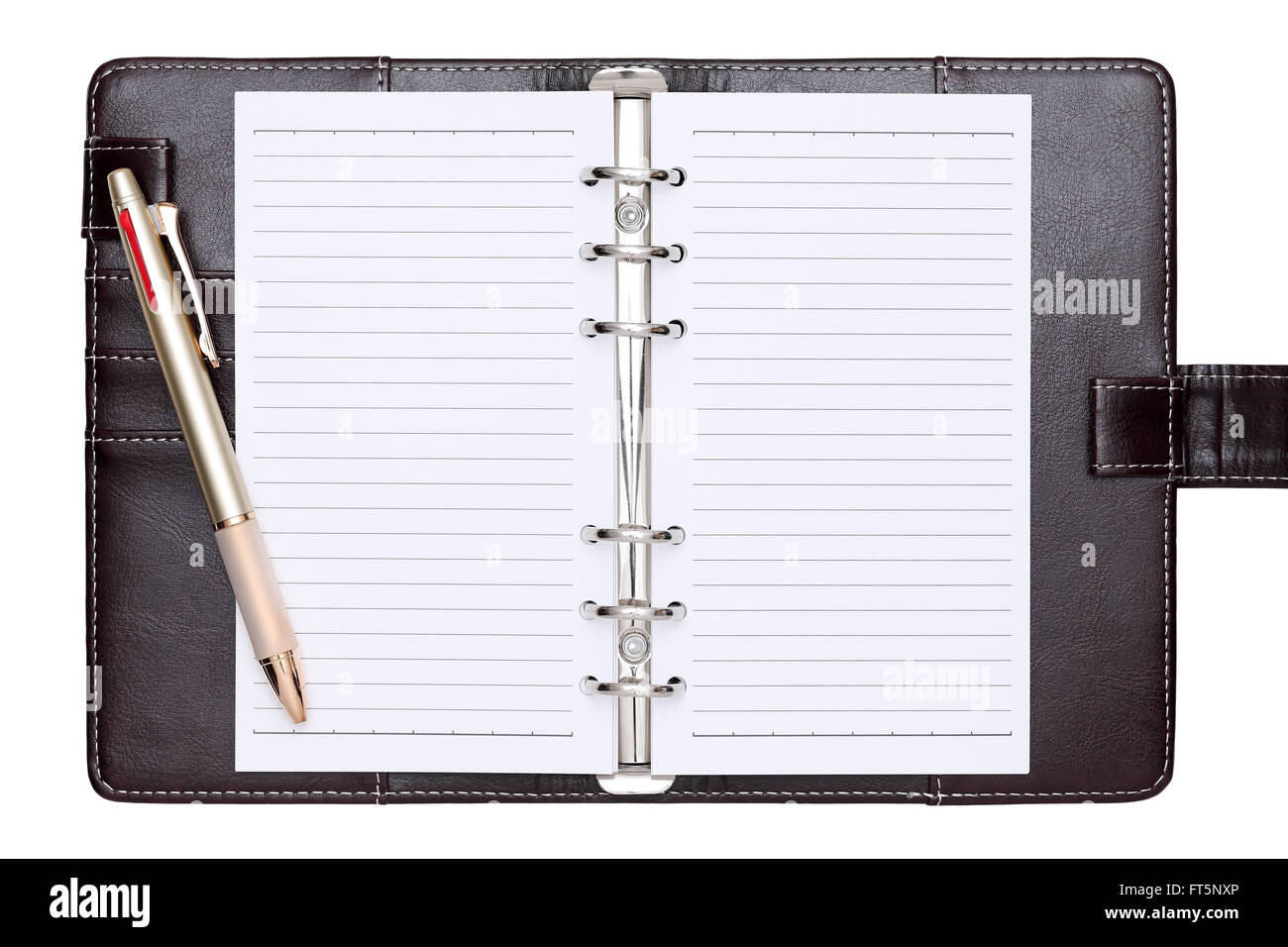 L'ordinateur portable en cuir marron ouvert et stylo à bille Banque D'Images