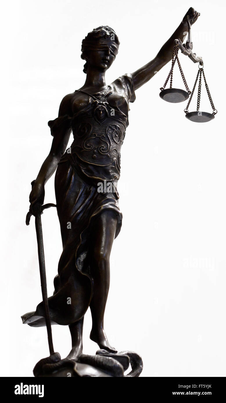 Statuette en bronze de la justice (focus sur le visage) Banque D'Images