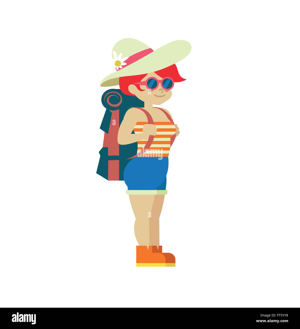 Globetrotter de jeunes femelles backpacker girl traveler avec randonnées sac à dos design plat simple illustration de caractère vectoriel Illustration de Vecteur