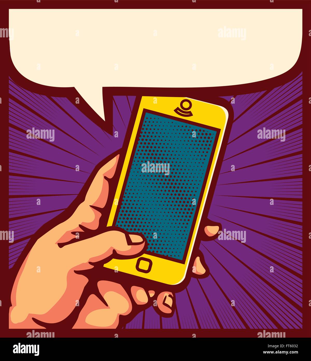 Style pop art hand holding smartphone, bande dessinée lecture scène panneau message on mobile phone vector illustration Illustration de Vecteur