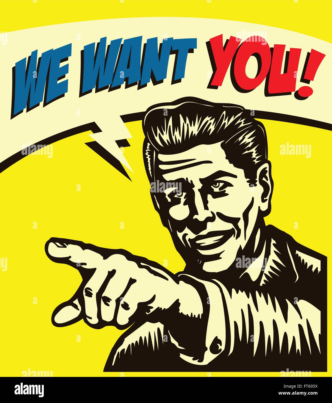 Je vous veux ! Vintage woman pointing finger picking candidat à l'emploi vacant, nous embauchons maintenant signer comic book style v Illustration de Vecteur