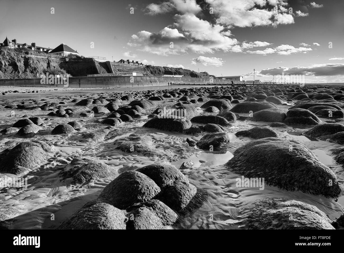 Plage de Hunstanton avec les rochers couverts d'algues et les falaises carstone. Monochrome Banque D'Images