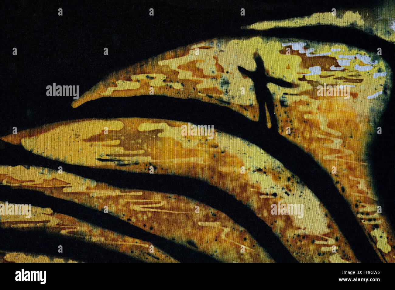 L'homme sur des terrasses de riz, fragment, hot batik, texture de fond, la main sur la soie, abstract art surréalisme Banque D'Images