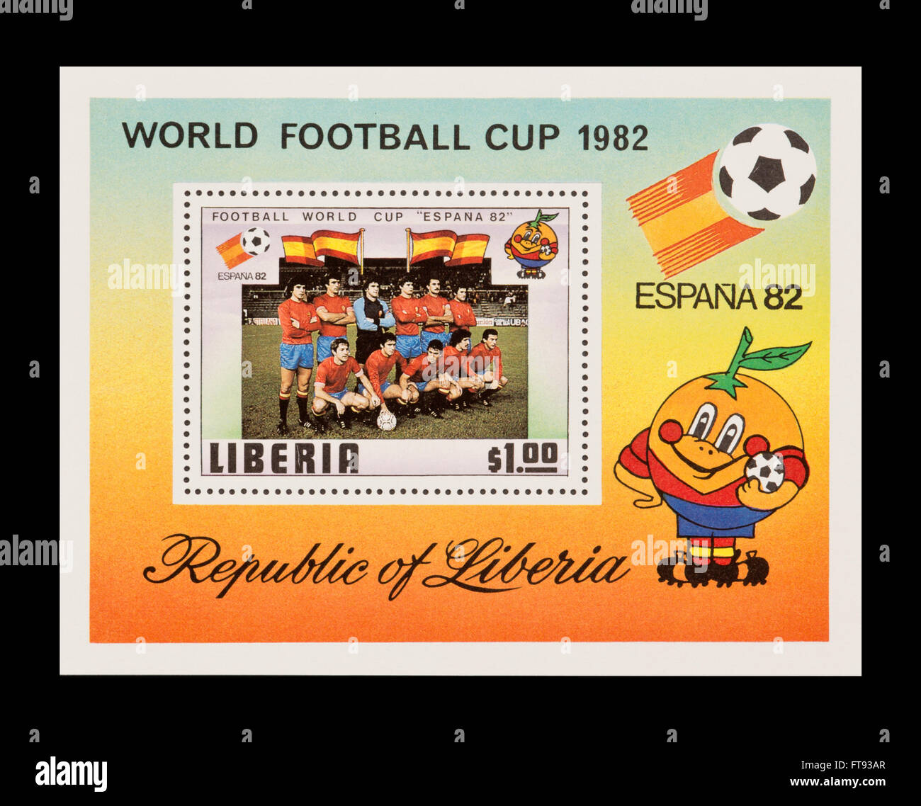 Bloc feuillet du Libéria représentant le Gouvernement national de l'équipe de football, Coupe du Monde 1982 en Espagne. Banque D'Images