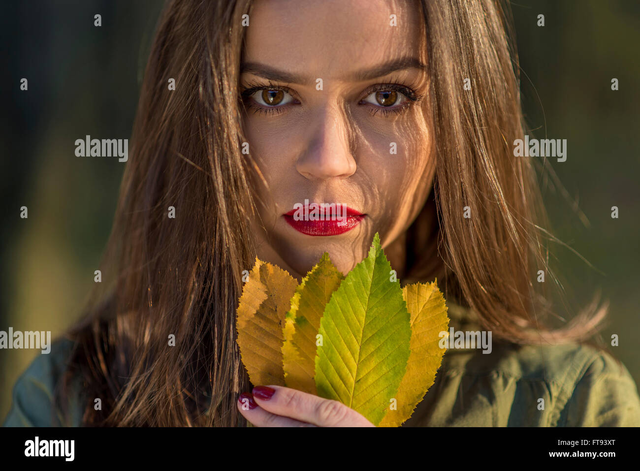 Un portrait en gros plan d'un adolescent girl holding autumn feuilles jaunes dans ses mains. Rif a les yeux bruns, des lèvres rouges et regard froid. Banque D'Images