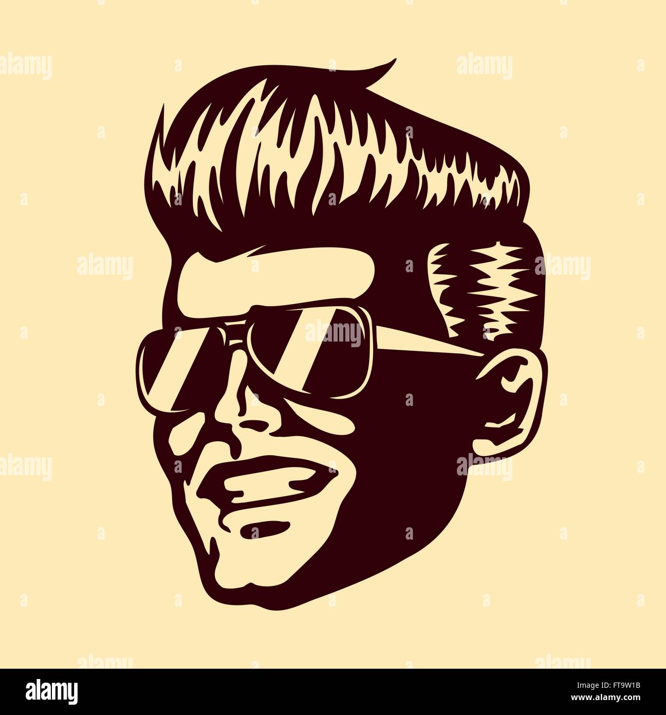 Vintage Retro cool man lunettes face coupe rockabilly pompadour vector isolé sur fond blanc Illustration de Vecteur