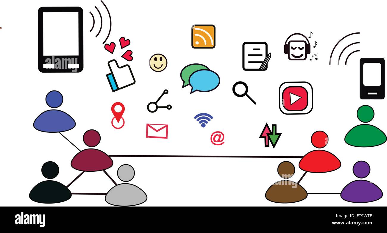 Réseau social sur les personnes sur la technologie d'aujourd'hui avec jeu d'icônes telles que comme icon,amour,FLUX RSS,icône rechercher ,wi-fi, émoticône,pas Illustration de Vecteur