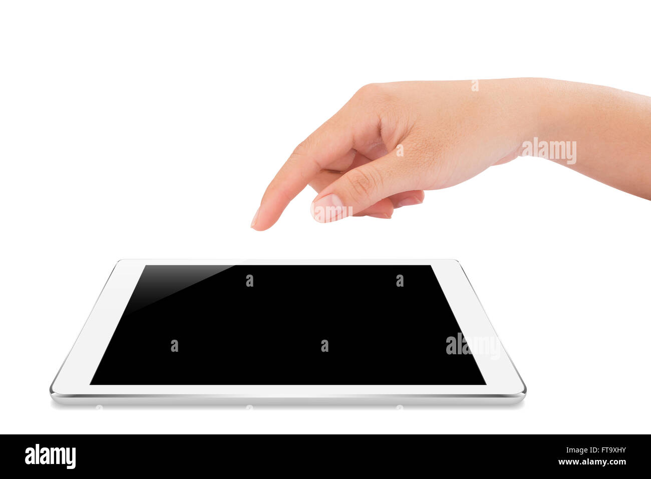 Toucher la main féminine sur maquette tablet with clipping path isolés à l'intérieur Banque D'Images