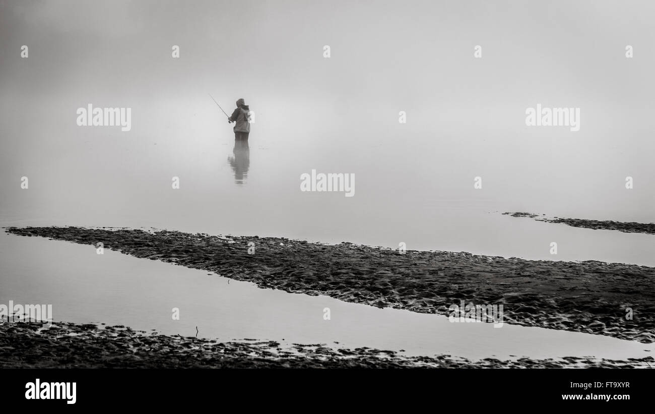 La pêche dans le brouillard sur les rives du fleuve Fraser, dans la vallée du Fraser en Colombie-Britannique Banque D'Images