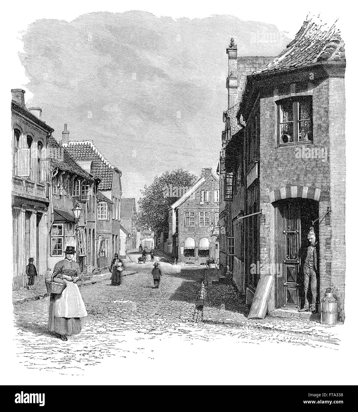 Gravure en noir et blanc d'une scène de rue dans la ville danoise de Ribe au 19e siècle. Banque D'Images
