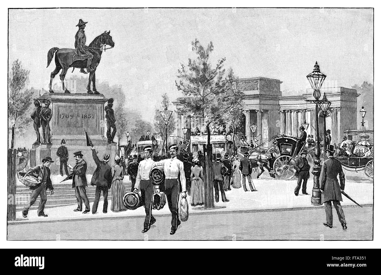 Gravure en noir et blanc de Hyde Park Corner, London, montrant la statue du duc de Wellington et Decimus Burton, c'est écran ionique. Banque D'Images