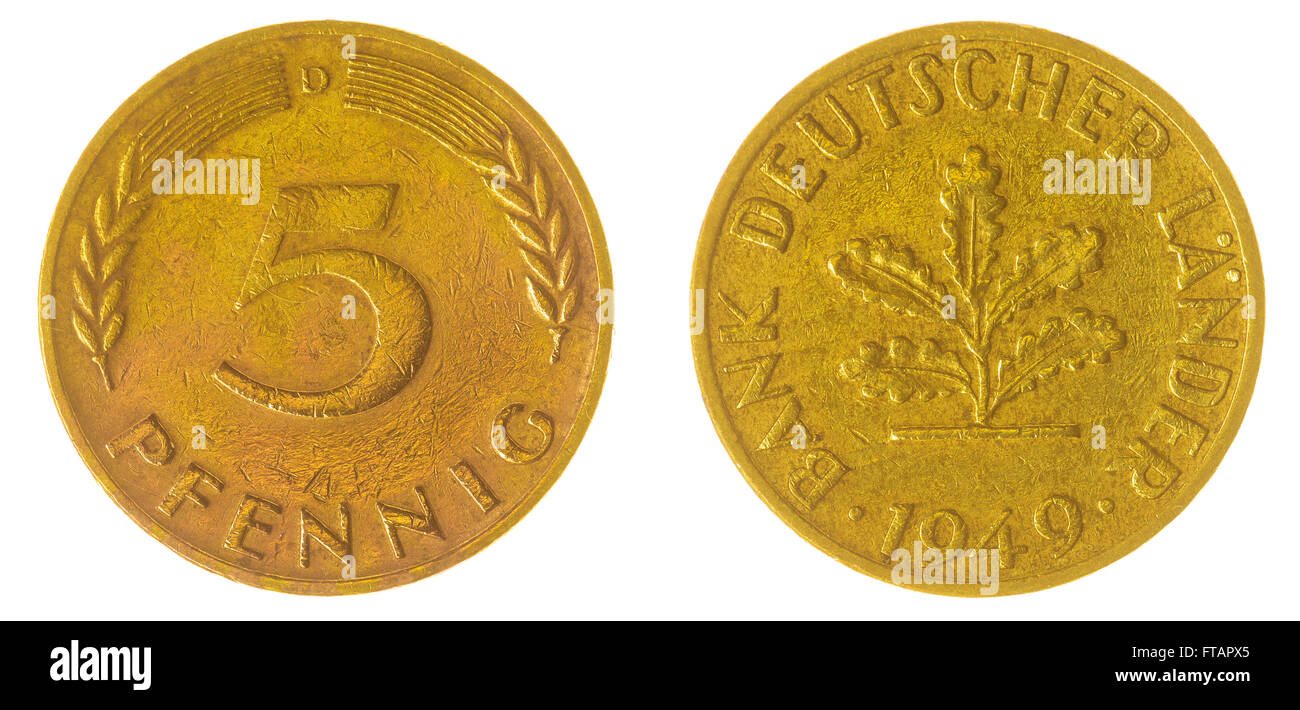 5 pfennig 1949 médaille de bronze isolé sur fond blanc, l'Allemagne de l'Ouest Banque D'Images