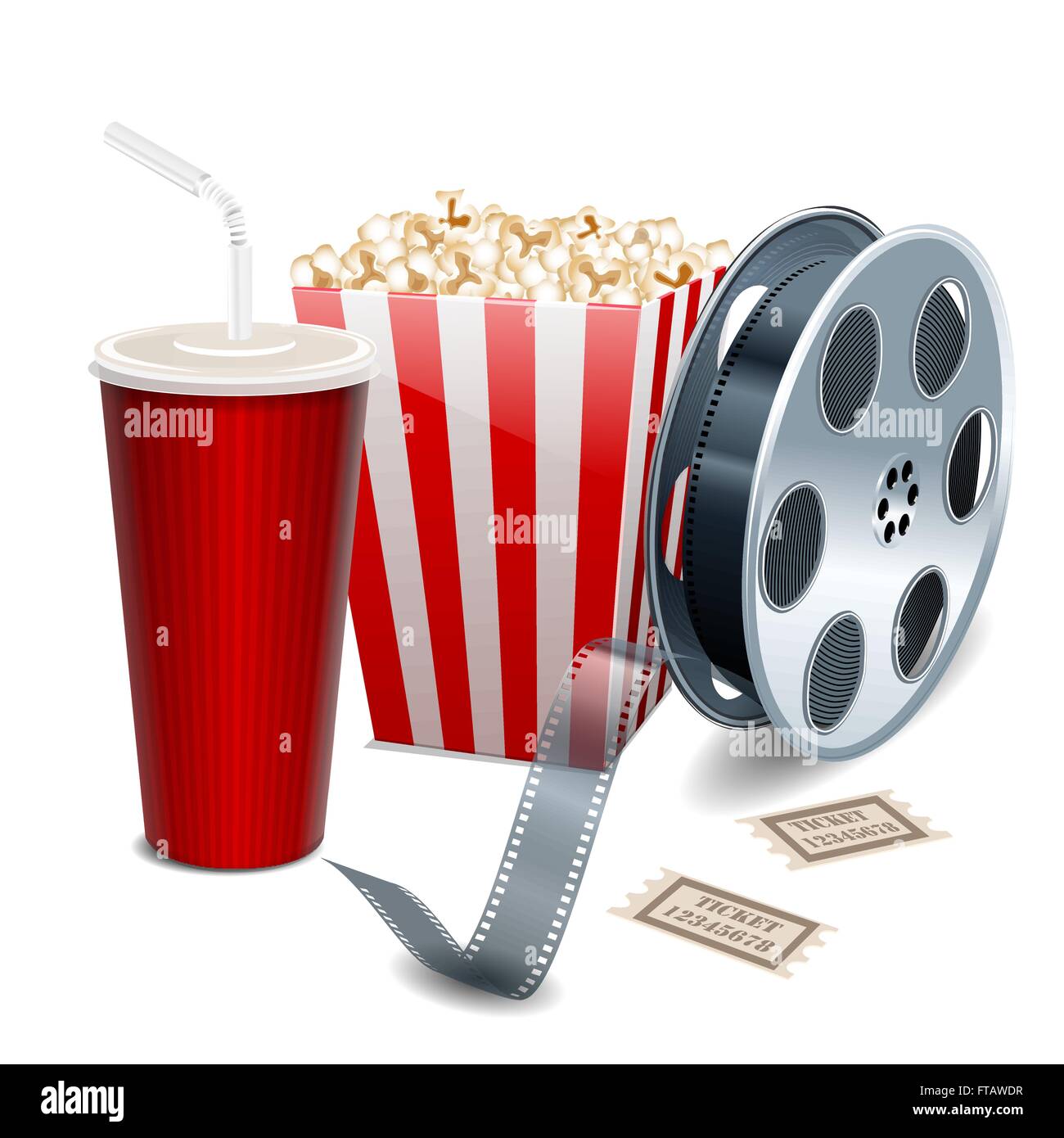 Film montrant avec le pop-corn, bobine de film et des boissons Illustration de Vecteur