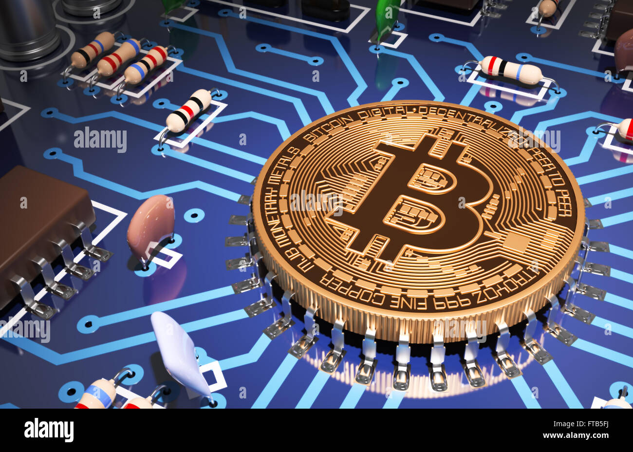 Concept de Bitcoin comme un processeur sur la carte mère. Scène 3D. Banque D'Images