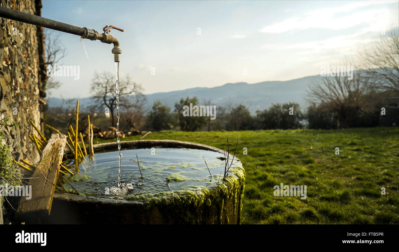 Un filet d'eau tombe dans une baignoire ronde d'anciennes en pierre moussue. Banque D'Images