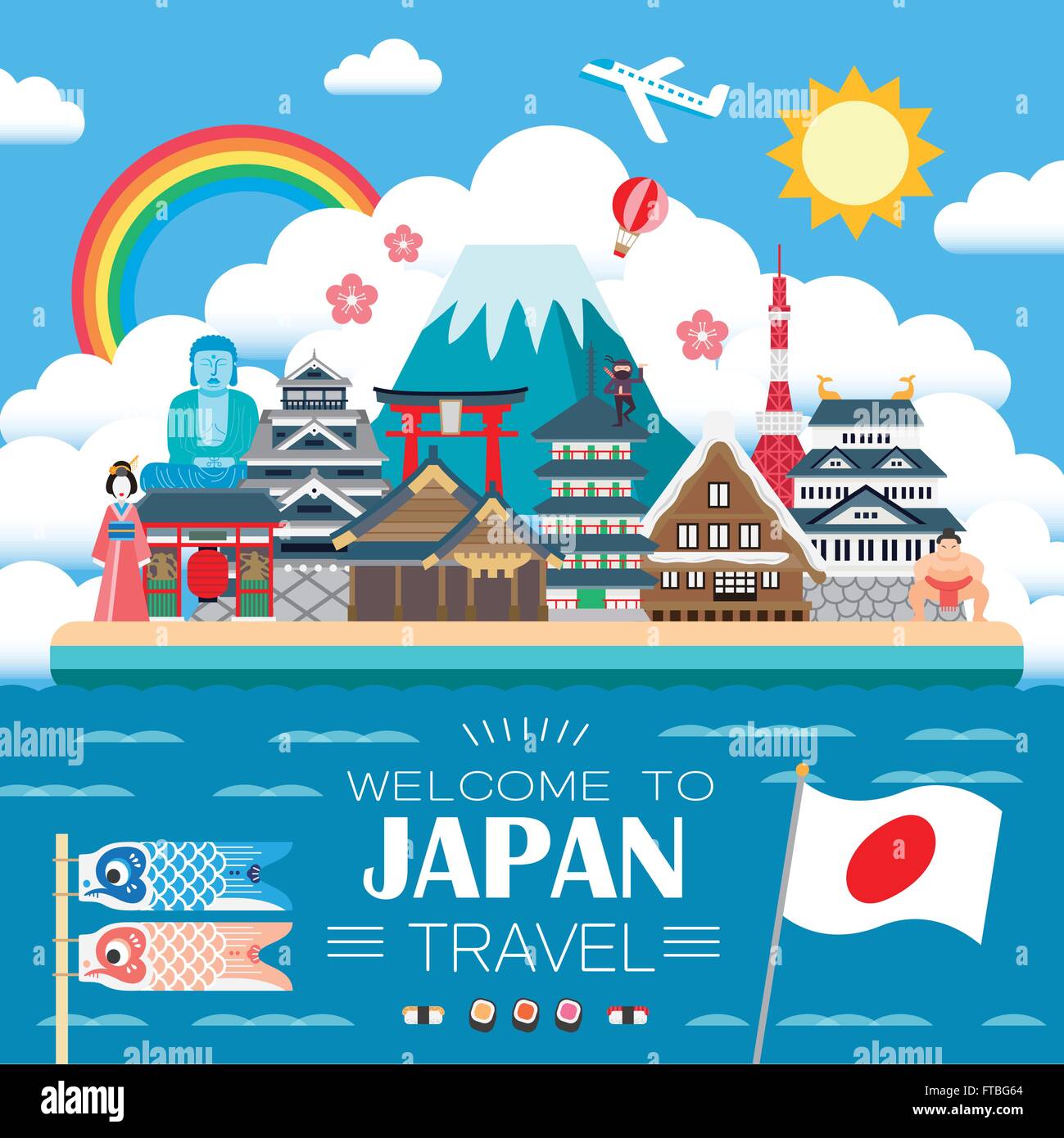 Le Japon affiche voyage attrayant avec de célèbres attractions touristiques Illustration de Vecteur