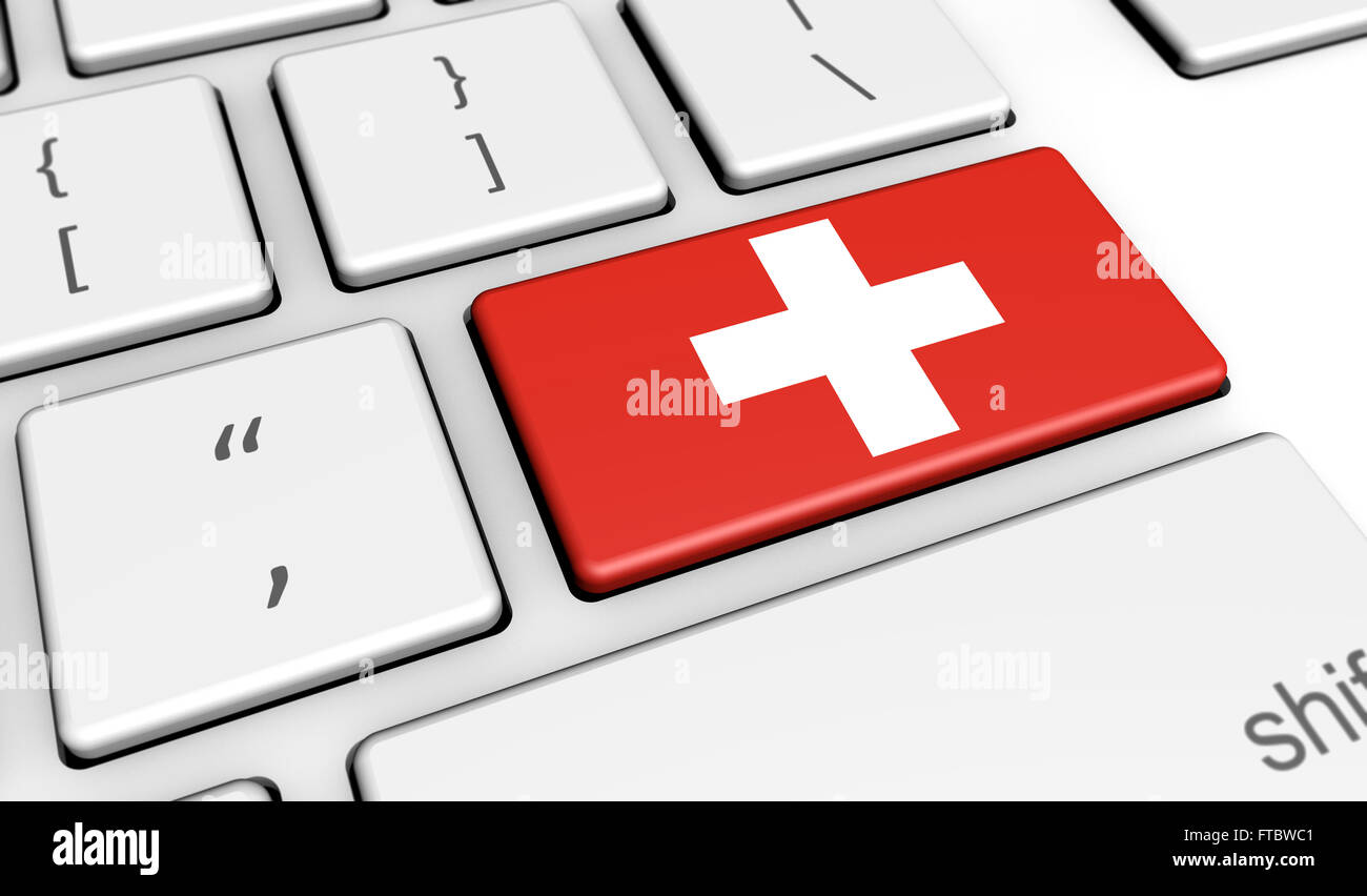 Suisse La numérisation et l'utilisation des technologies numériques concept avec le drapeau suisse sur une touche de l'ordinateur 3d illustration. Banque D'Images