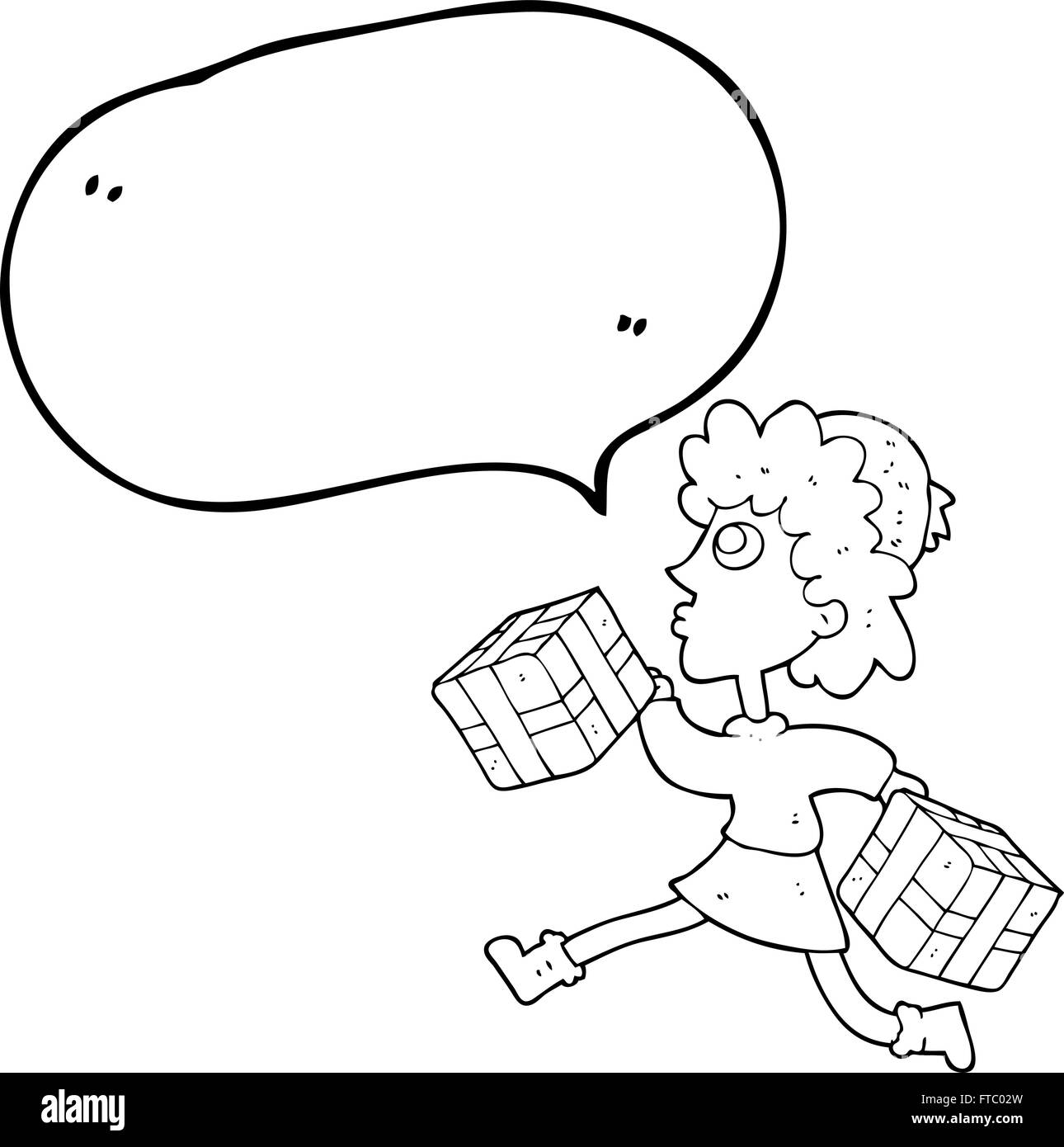 Dessiné à main levée bulle caricature tournant femme avec présente Illustration de Vecteur