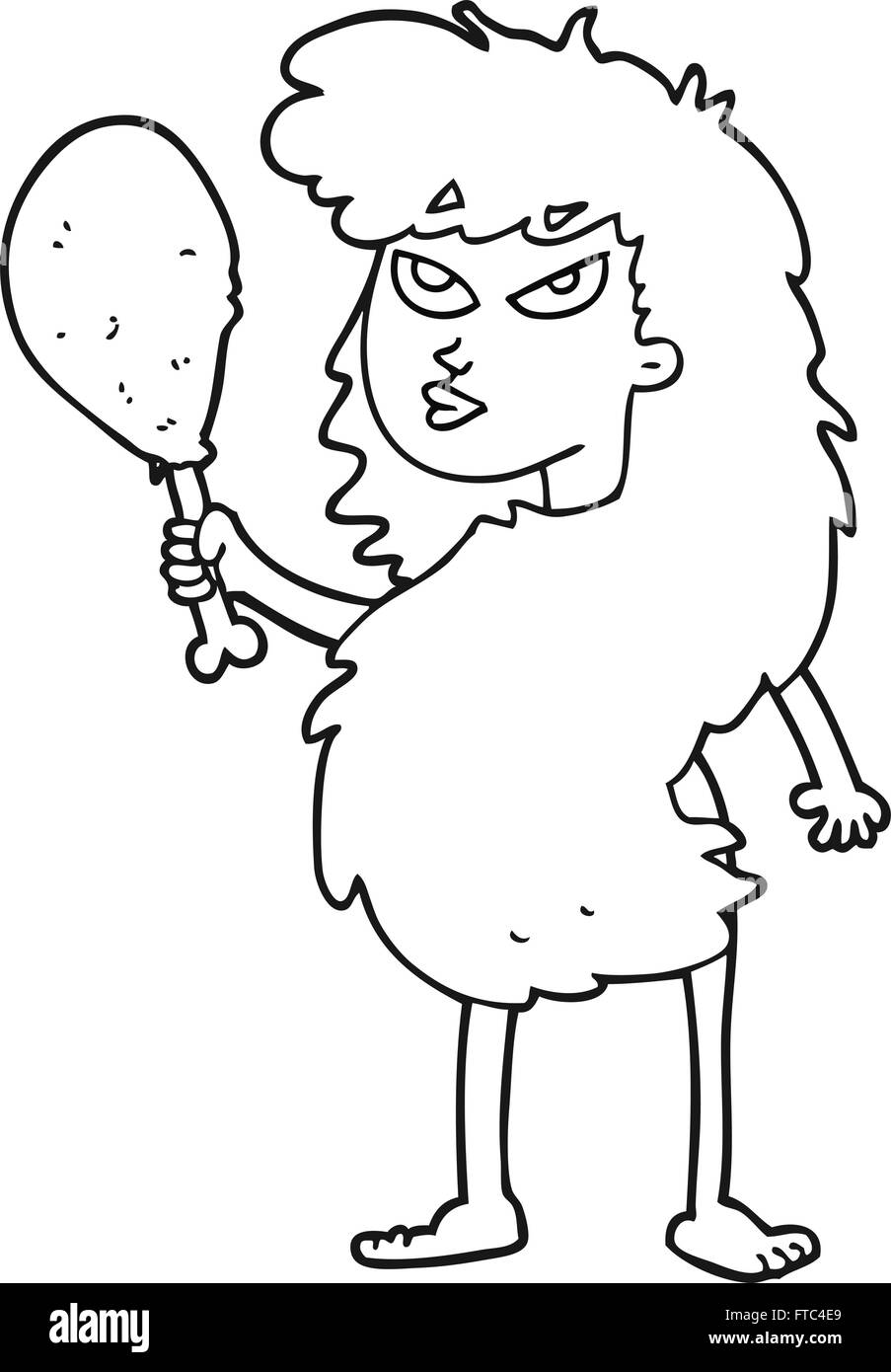 Dessiné à main levée de cartoon noir et blanc avec de la viande cavewoman Illustration de Vecteur