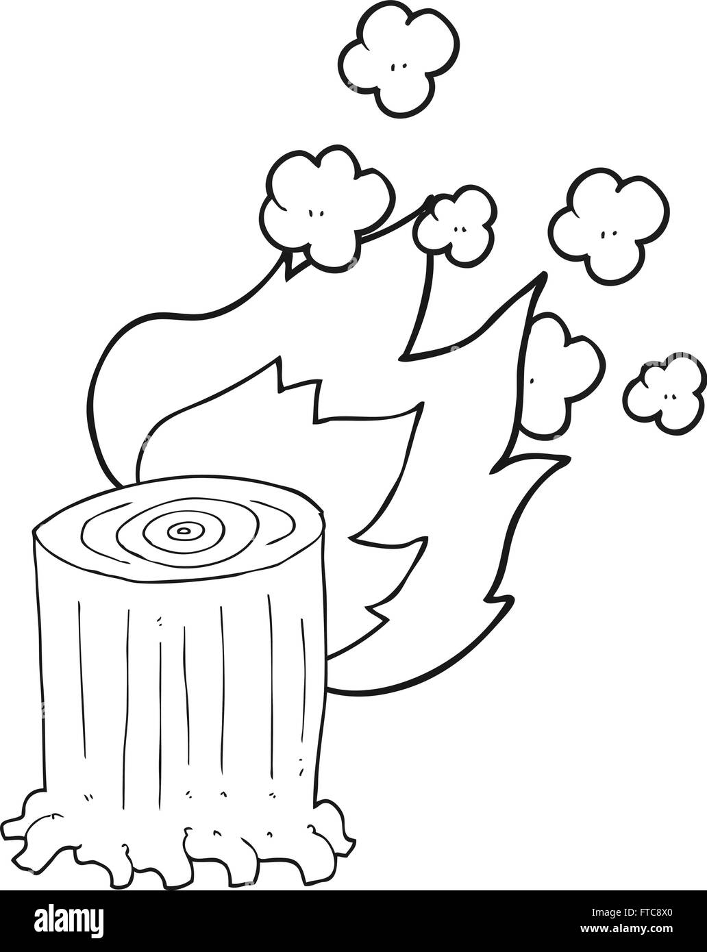 Noir et blanc dessiné à main levée cartoon souche d'arbre en feu Illustration de Vecteur