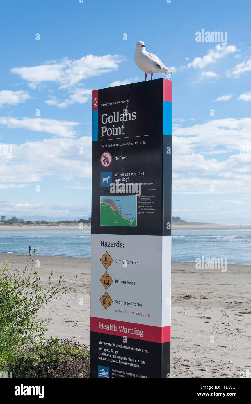 Panneau du point le Gollands, Esplanade, Sumner, Christchurch, Canterbury, Nouvelle-Zélande Région Banque D'Images
