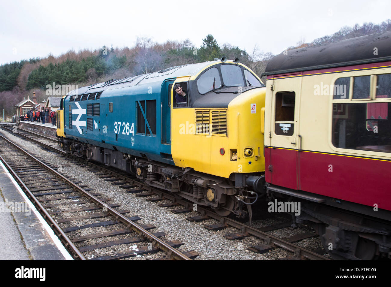 Locomotive Diesel de la classe 37 d'exploitation 37264 un train de voyageurs sur le North York Moors Railway Station à Levisham Banque D'Images