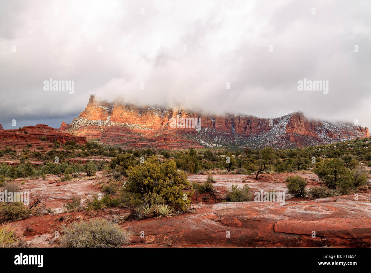 Superbe paysage de grès rouges de Sedona, Arizona au cours d'une tempête de neige. Banque D'Images