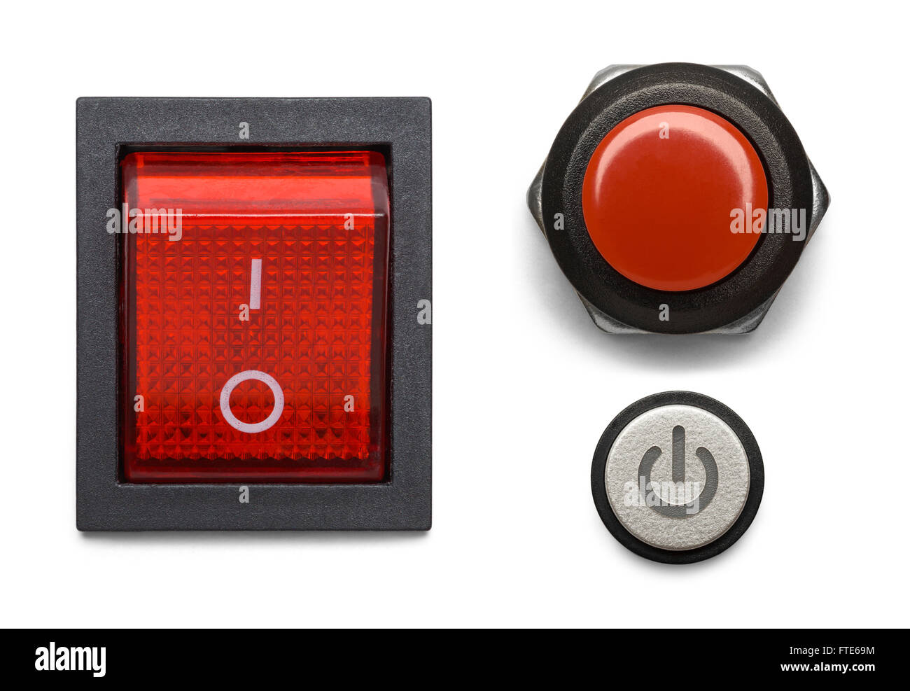 Trois boutons d'alimentation de l'ordinateur isolé sur fond blanc. Banque D'Images