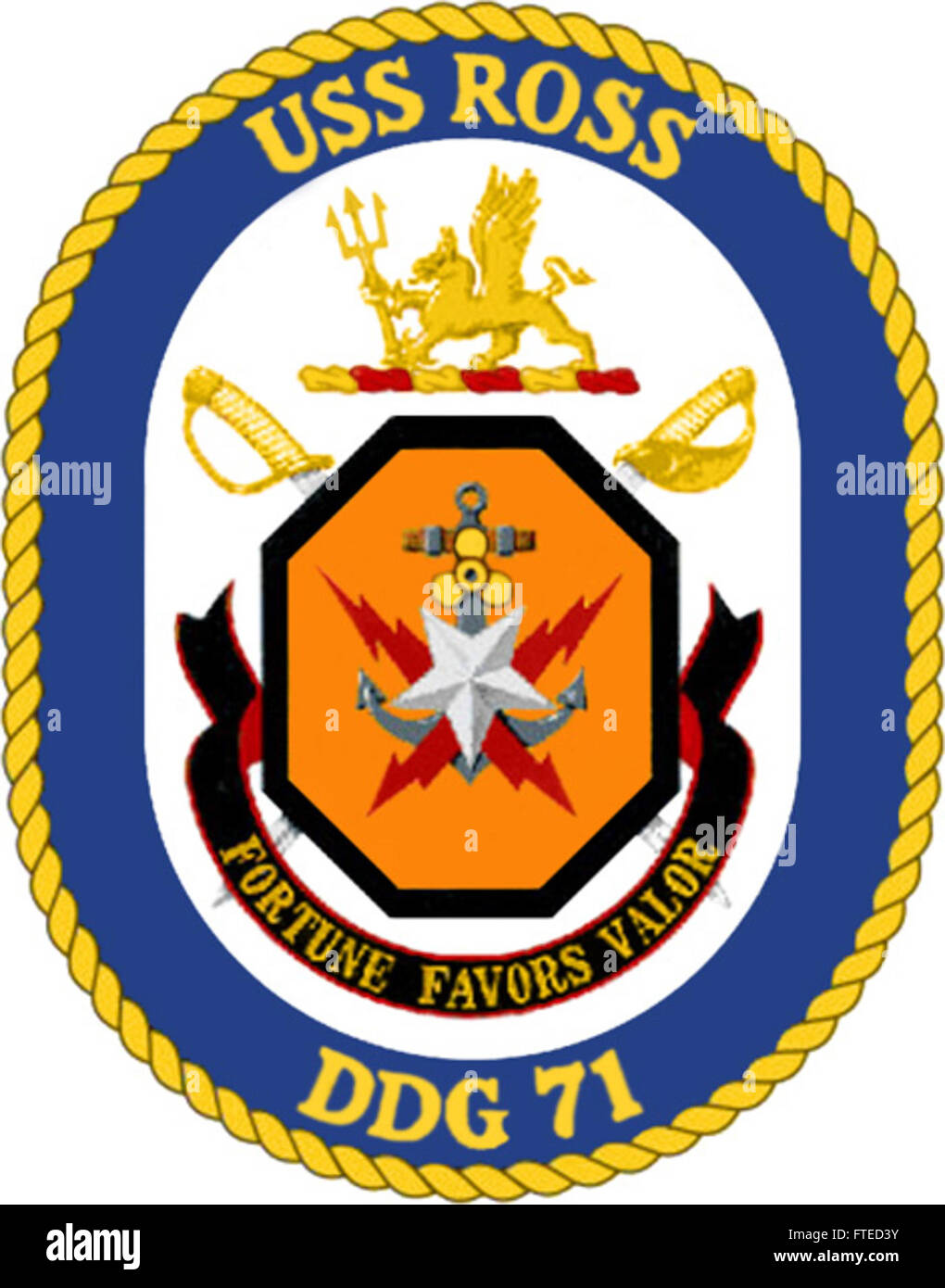 Le logo de l'USS Ross (DDG 71), un destroyer de missiles guidés de la marine américaine. L'image montre la crête du navire, symbolisant sa mission et son histoire dans la défense navale et le service militaire. Banque D'Images