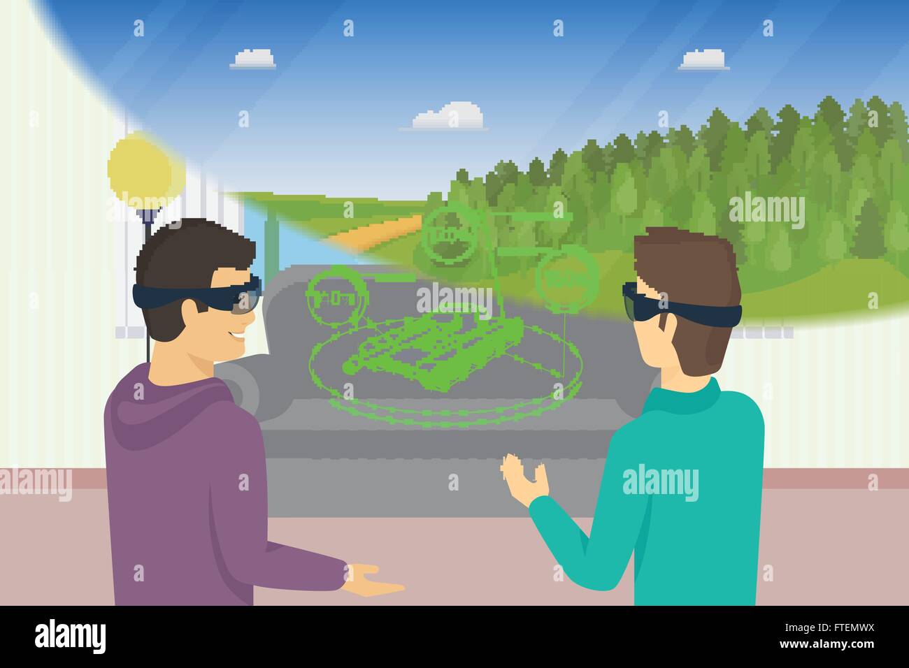 Heureux les gars joue à l'aide de jeux vidéo head-mounted device pour la réalité virtuelle et augmentée Illustration de Vecteur
