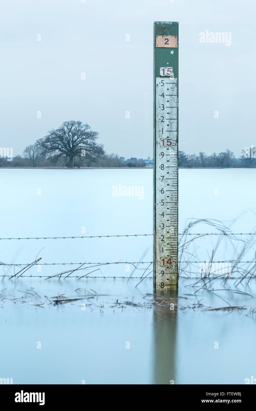 Une jauge d'inondation stand marqueur dans un tronçon inondé de la rivière Severn à Worcester, Worcestershire Banque D'Images