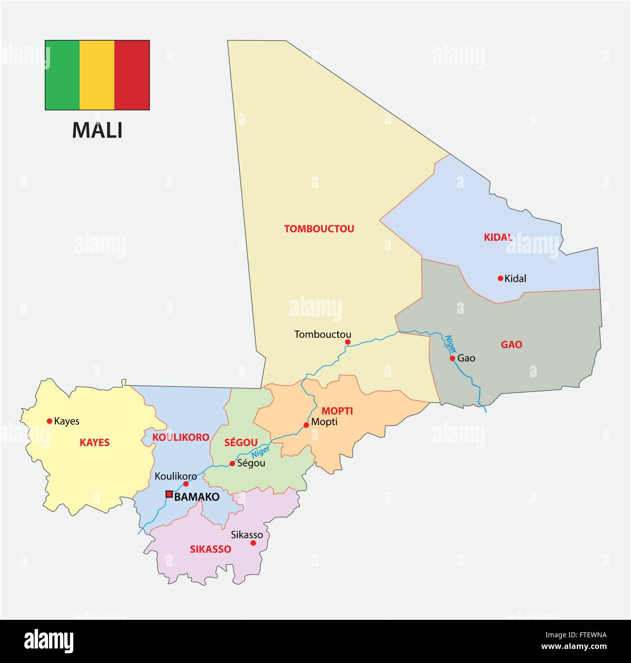 Carte administrative du Mali avec drapeau Illustration de Vecteur