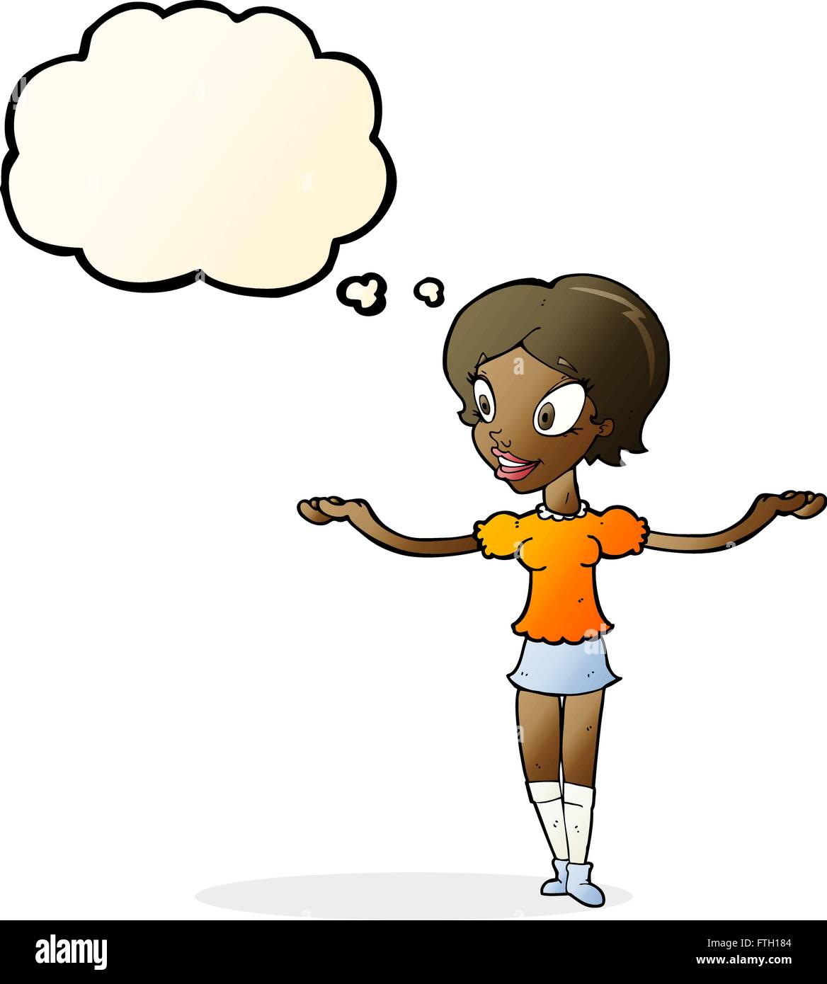 Cartoon femme avec les bras écartés avec bulle pensée Illustration de Vecteur