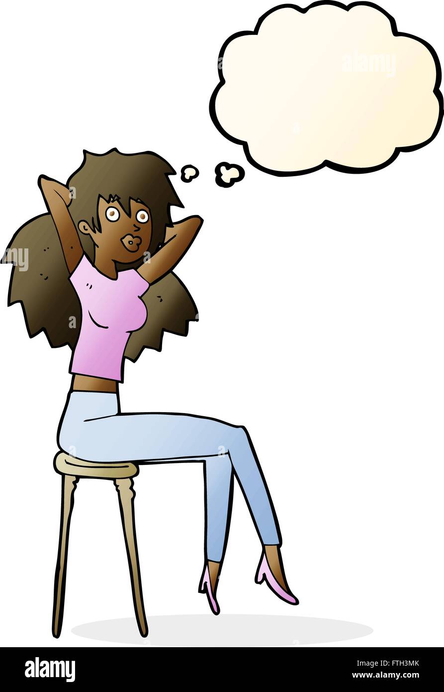 Cartoon woman posing sur tabouret avec bulle pensée Illustration de Vecteur