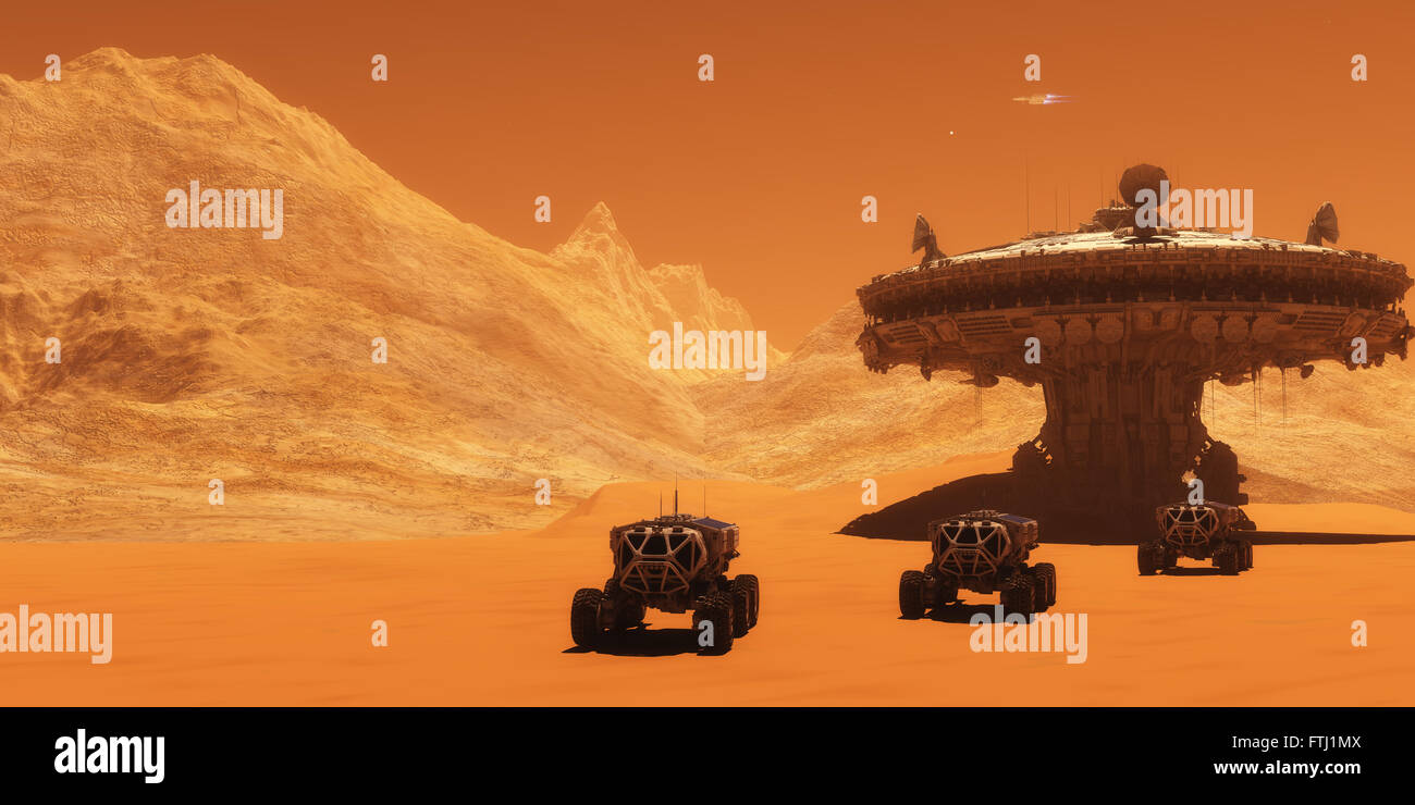 Un vaisseau spatial décolle de Mars pour retourner à la terre comme les véhicules tout-terrain s'engager dans une mission d'exploration. Banque D'Images