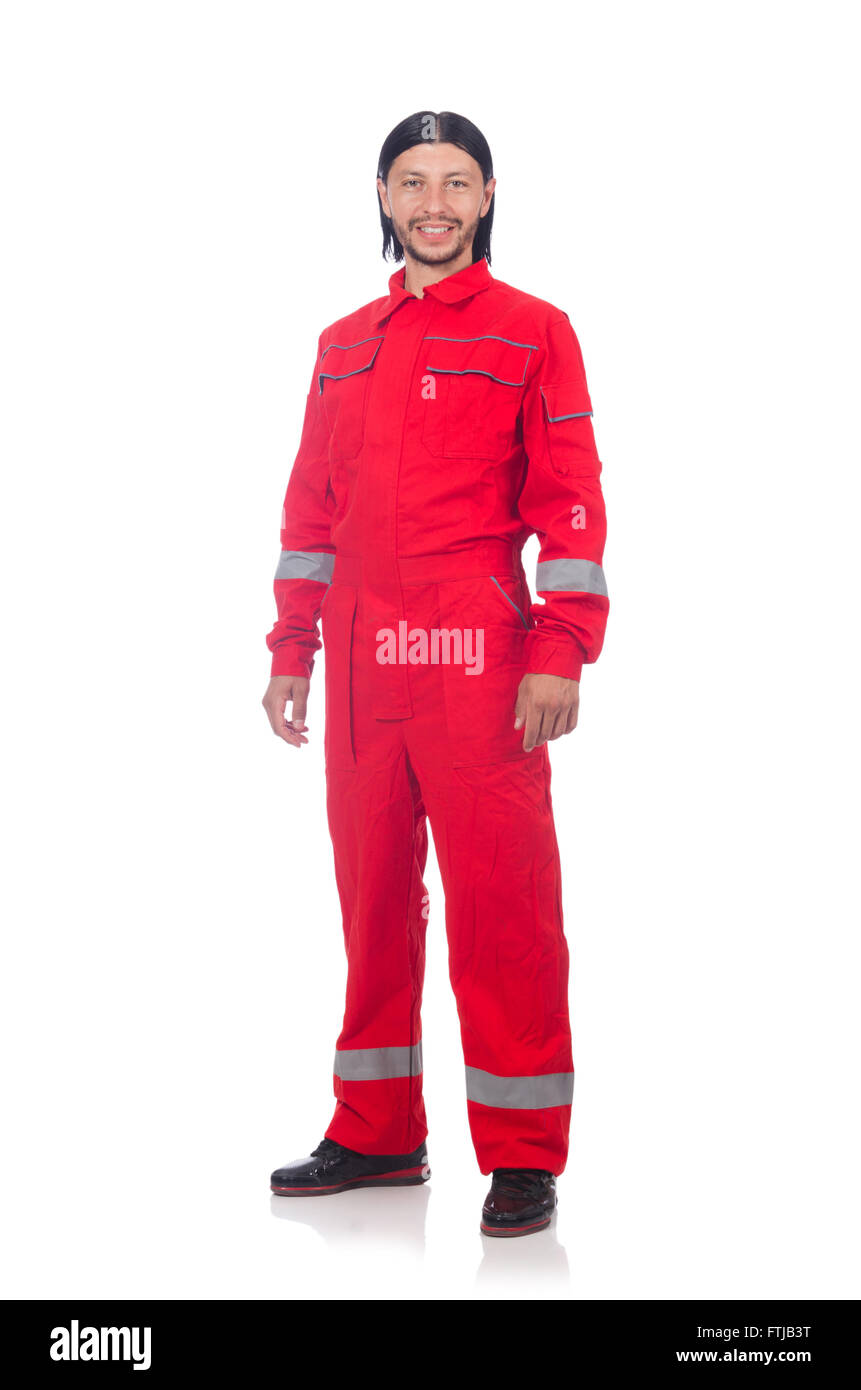 Homme portant une combinaison rouge isolated on white Photo Stock - Alamy