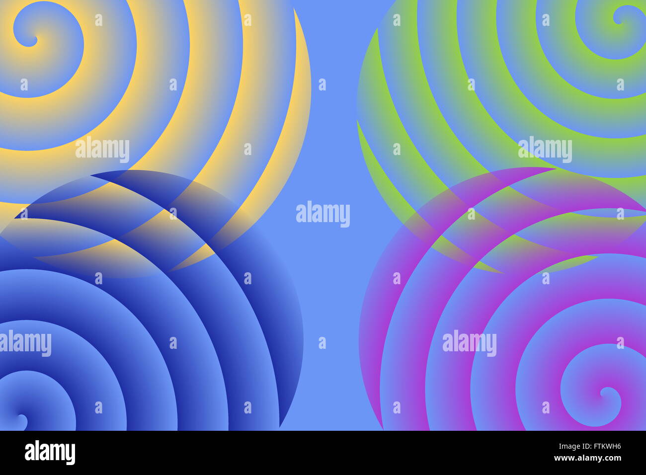 Quatre spirales en jaune,bleu,vert et violet Banque D'Images