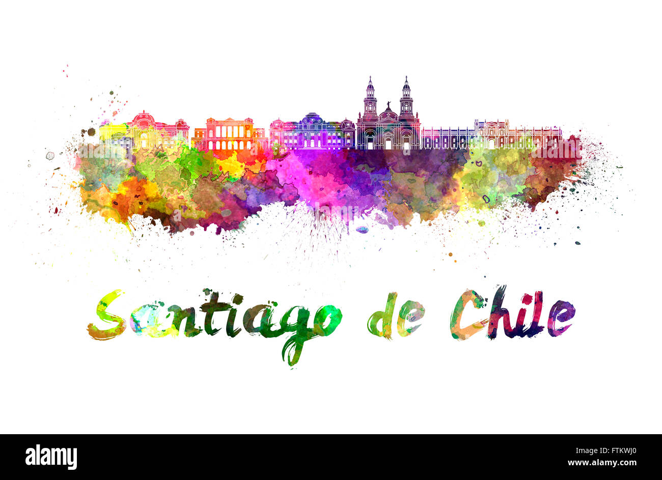 Santiago du Chili, en éclaboussures aquarelle with clipping path Banque D'Images