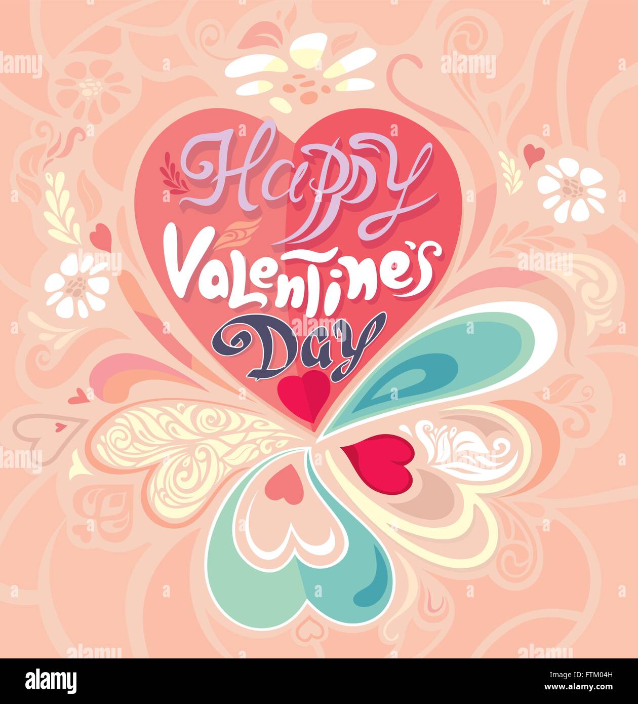 Retro Vintage décoration calligraphique de vœux colorés Valentine's Day card Illustration de Vecteur