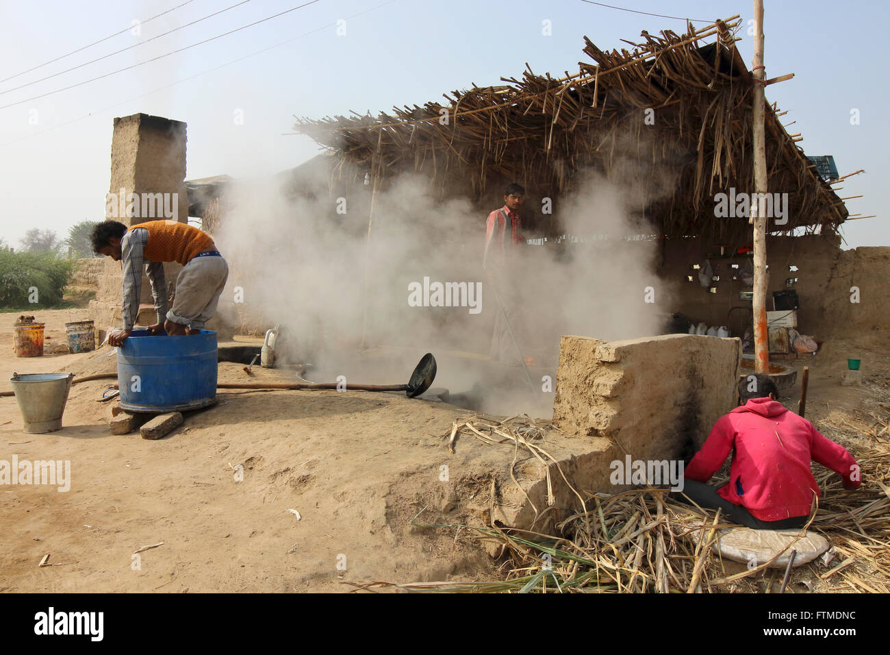 Les hommes travaillant à l'alimentation des feux à une usine de raffinage du sucre au Rajasthan, Inde Banque D'Images