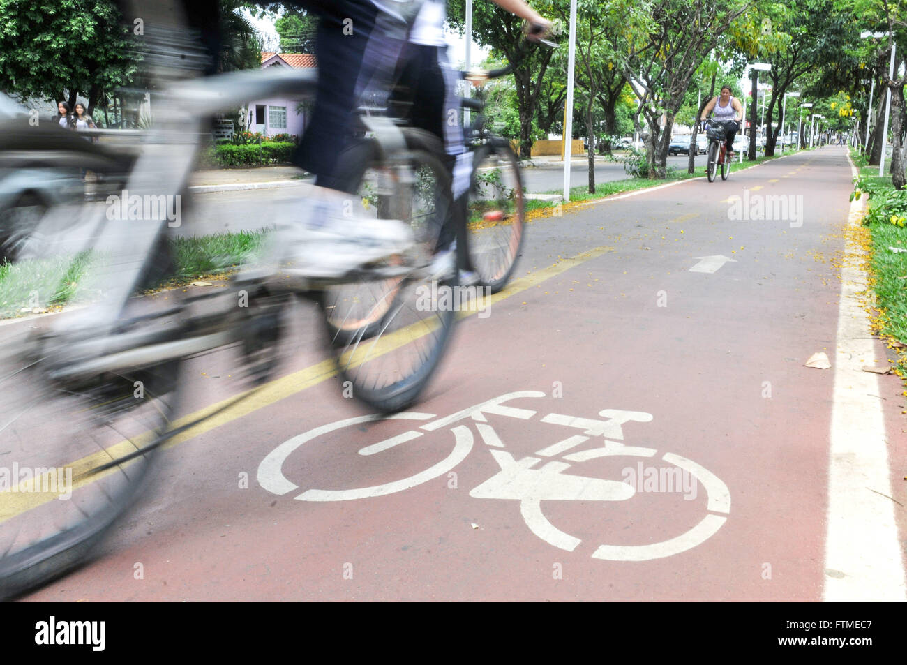 Les cyclistes équitation dans bike lane à la médiane de l'Avenue du Nord Brésil Banque D'Images