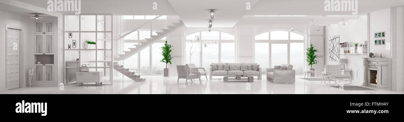 Appartement loft moderne blanc intérieur, salle de séjour, hall, escalier, cheminée de rendu 3D panorama Banque D'Images