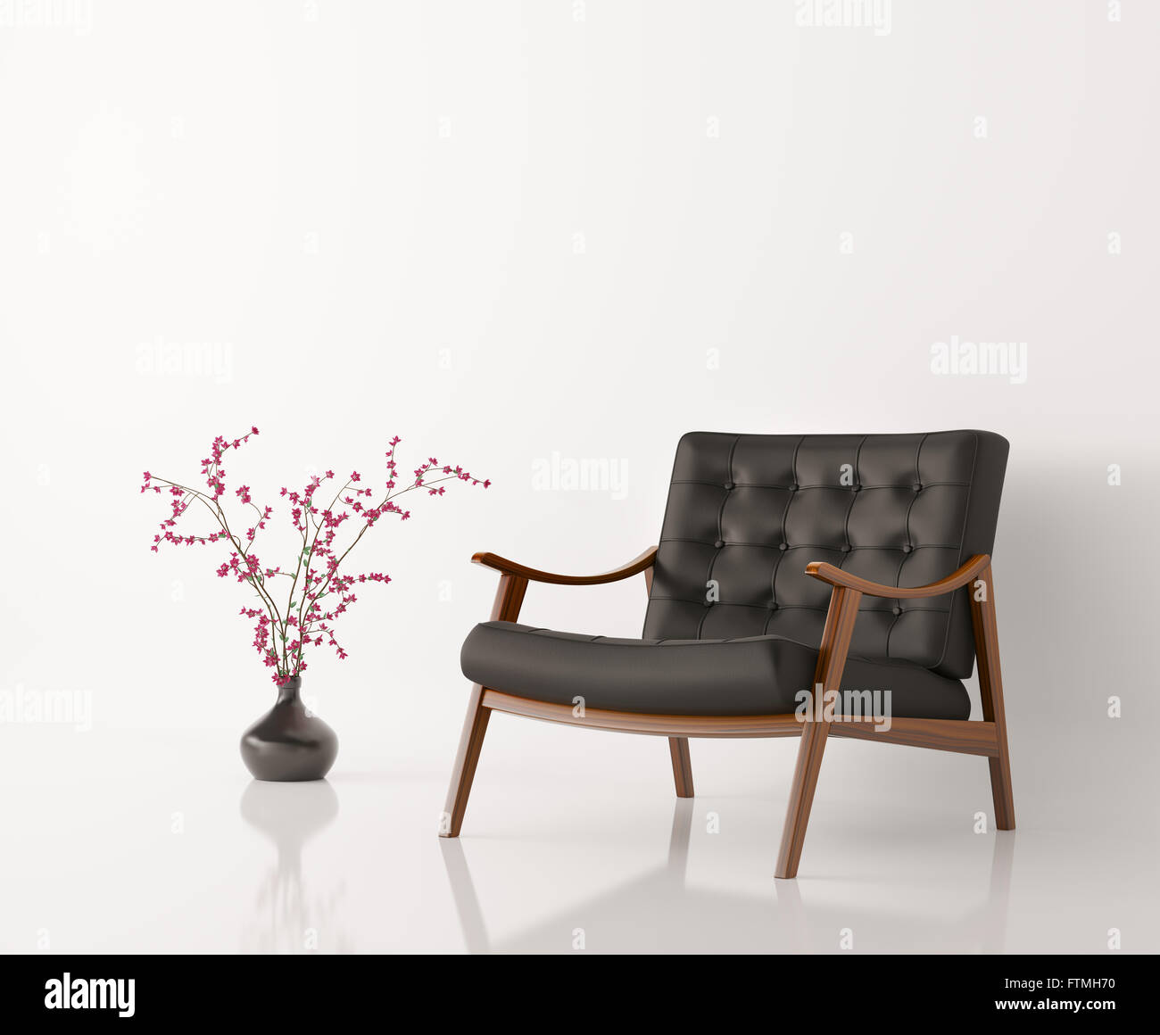 Fauteuil en cuir noir et vase à fleurs contre mur blanc de rendu 3D isolés Banque D'Images