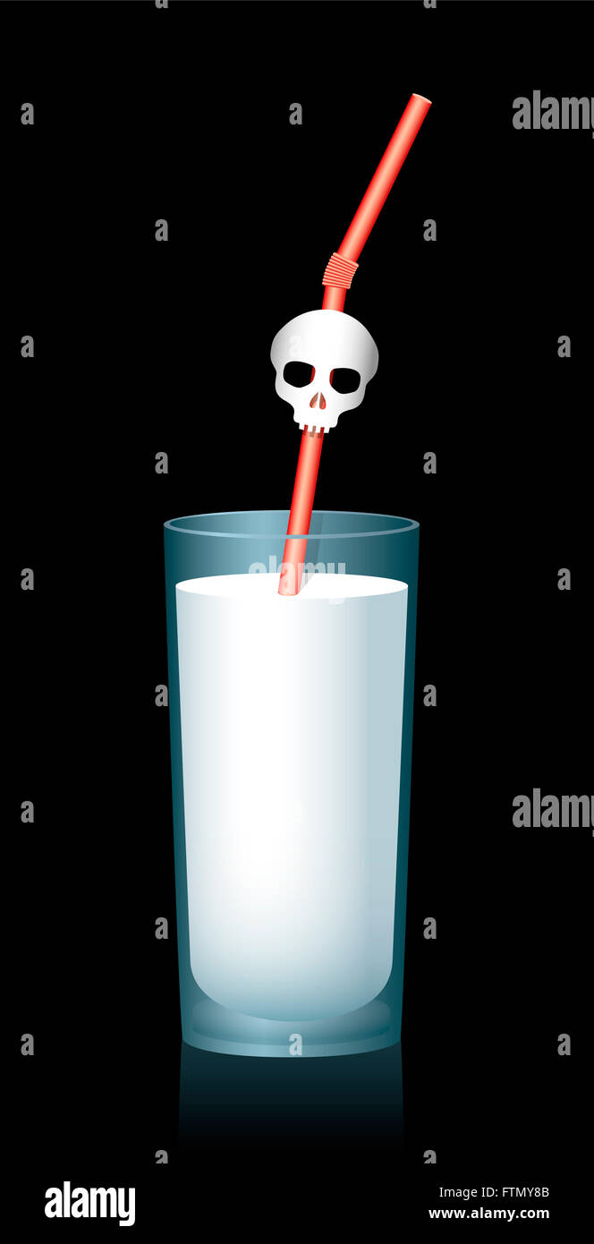 Dangers du lait - un verre de lait avec une paille rouge sur le crâne, comme un symbole d'avertissement pour le mauvais lait. Illustration sur fond noir. Banque D'Images