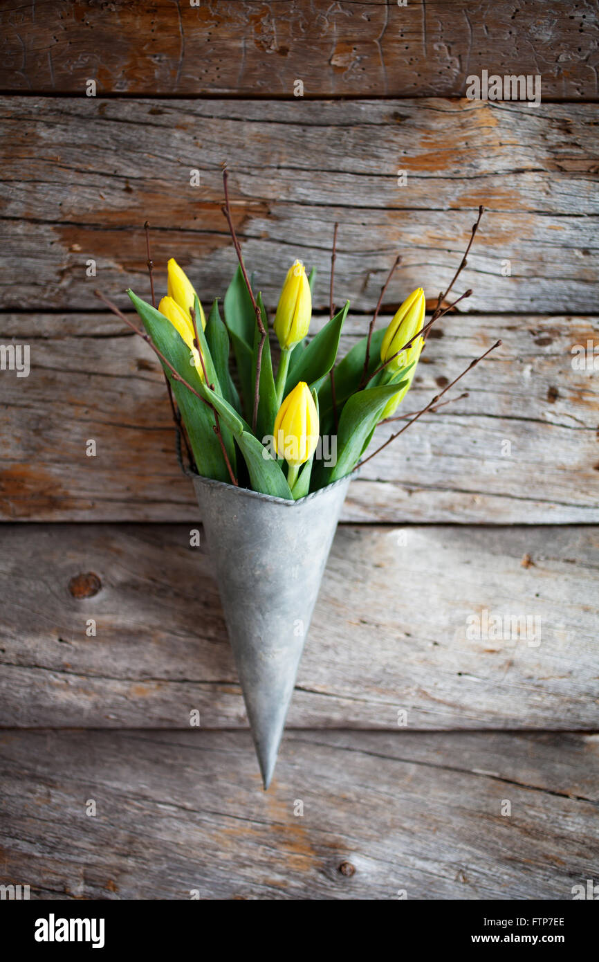 Tulipes jaunes avec des branches de bouleau pour Pâques Banque D'Images