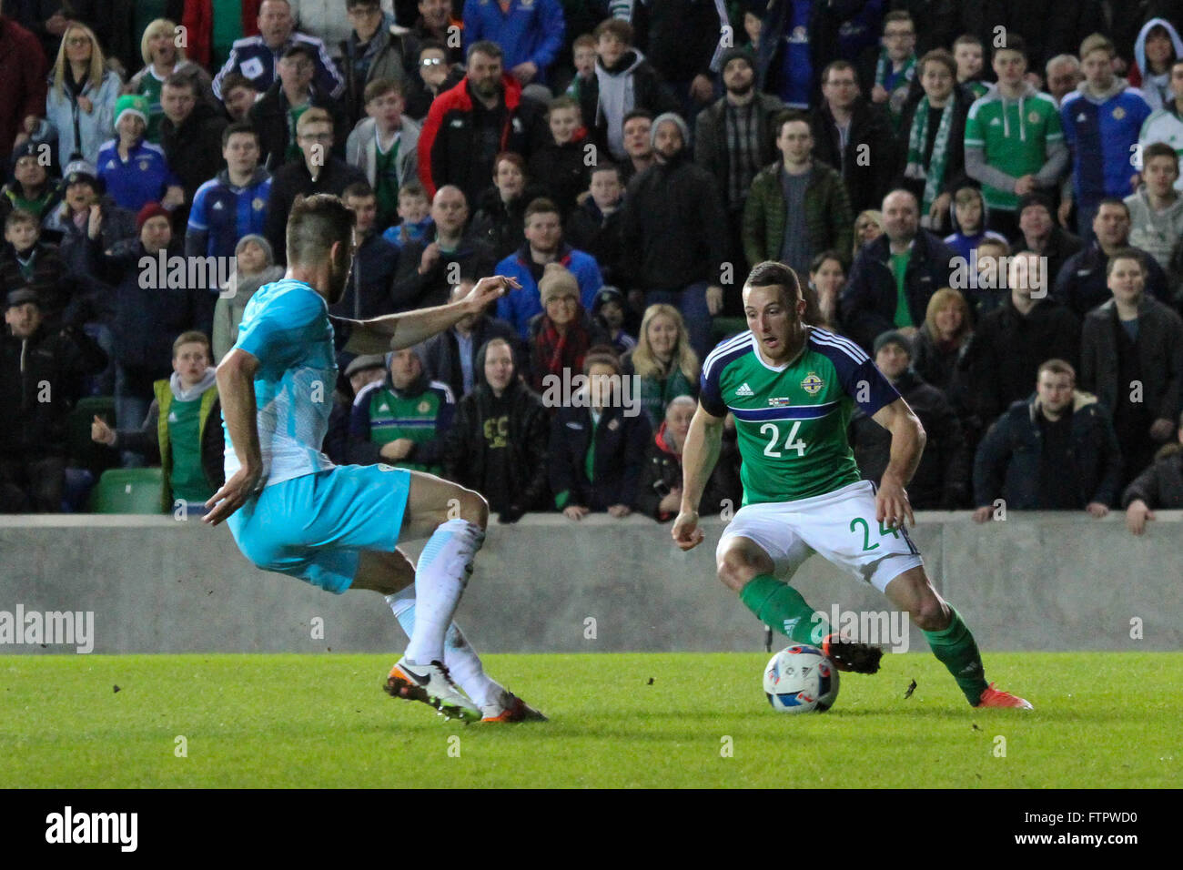 28 mars 2016 - défi international de Vauxhall (Friendly). L'Irlande du Nord 1 Slovénie 0. Conor Washington sur l'attaque pour l'Irlande du Nord. Banque D'Images